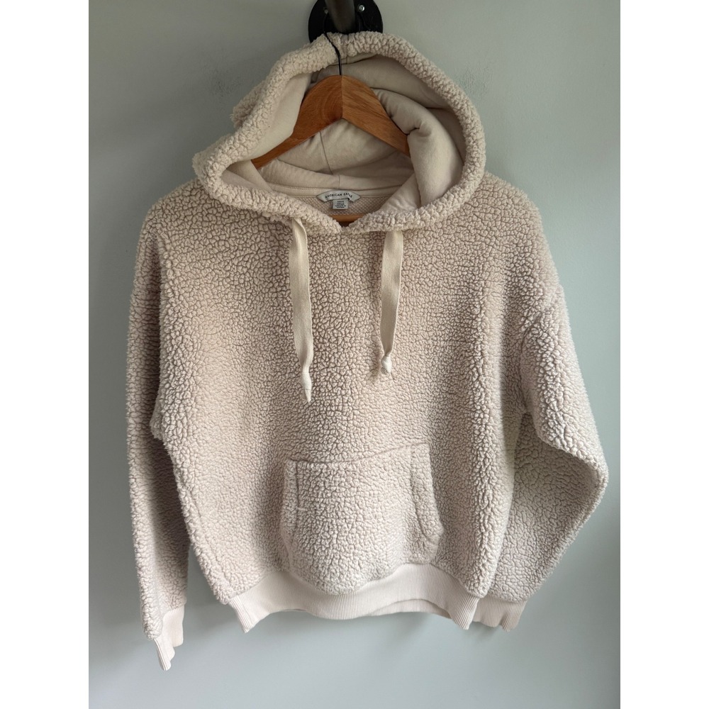 American Eagle Womens Sherpa Fleece Hoodie Cream Off White Pullover Sweatshirt S